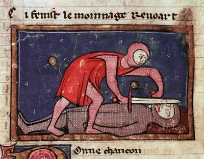 William V af Poitiers kaldet den Store (960-1030) skærer tungen på sin fjende Grev Boson II af Marche (988-1008) i 1008 Miniature taget fra "The moinage of William"" (ms. 1025) 13. århundredes Milano, Biblioteca Trivulziana af Unknown artist