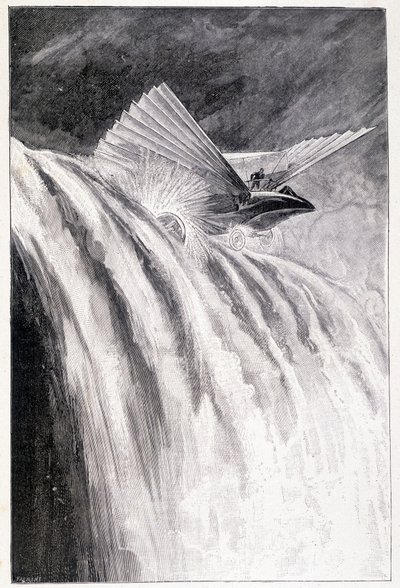 Bevinget køretøj krydser et vandfald, syg. "" The Master of the World "", Jules Verne, slutningen af det 19. århundrede. af Unknown artist