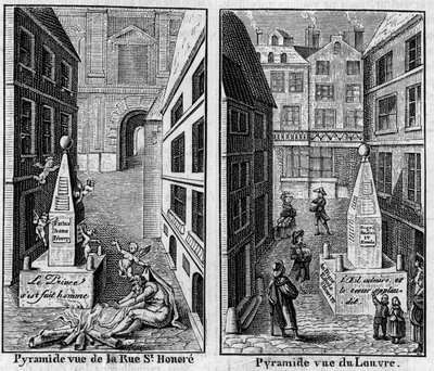 Vinterpyramide 1784 i Paris. Fac simile (Fac-simile) af to tryk udgivet i "La Pyramide de neige", almanak fra 1786. Indgravering i "" Nature: tidsskrift for videnskaber og deres anvendelser på kunst og industri "" af 16. marts af Unknown artist