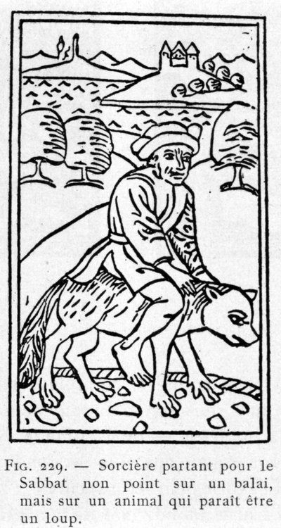 Heks, der rejser til sabbatten, ikke på en kost, men på et dyr, der ser ud til at være en ulv. af Unknown artist