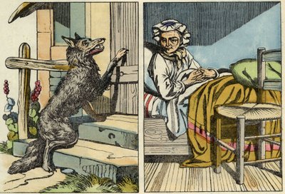 Ulv banker på mormors dør. Illustration af fortællingen "Den Lille Rødhætte" af Charles Perrault af Unknown artist