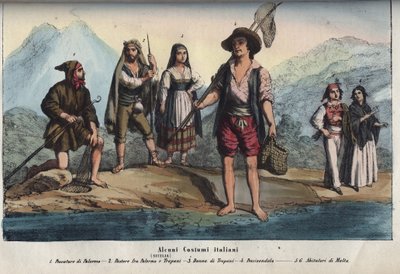Kvinder og mænd iført traditionelle sicilianske kostumer - Fisker fra Palermo, hyrde mellem Palermo og Trapani, kvinde fra Trapani, fiskehandler, indbyggere på Malta. gravering fra "" Skikke og traditioner for alle mennesker i universet. Det er historien o af Unknown artist