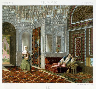 Kvinder i en stue i Persien - i "" Det historiske kostume"" af Racinet af Unknown artist