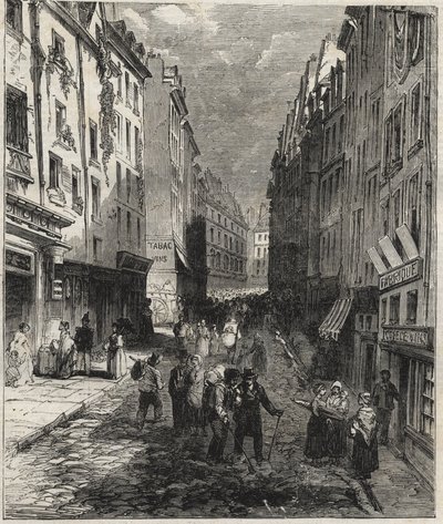 Arbejder rue de la Montagne Sainte-Genevieve (Sainte Genevieve) i det 5. arrondissement i Paris i 1858. af Unknown artist