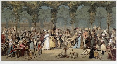 Verdensvandring gennem det kongelige palads haver, slutningen af det 18. århundrede - kromo efter indgraveringen af Debucourt af Unknown artist