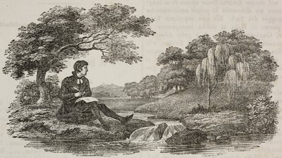 Forfatter under træ foran vandløb, illustration fra Universal Theatre, encyklopædisk og scenografisk samling, nr. 575, 19. juli af Unknown artist
