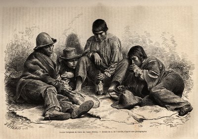 Unge indianere fra Cerro de Pasco (det centrale Peru), samles til morgenmad. Gravering til illustration af Les iles Chincha, rettet af L.Simonin, i 1860, udgivet i "Le tour du monde, nouveau journal des voyages", redigeret af Edouard Charton af Unknown artist