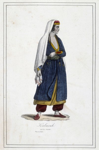 Ung Kalmouk-kvinde (mongolsk folk i det sydlige Sibirien) - i "" Jordens forskellige folkeslag"" af Fr. Jouhanneaud, Librairie des Bons Livres, Limoges af Unknown artist