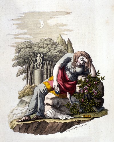 Ung pige græder efter at have læst et brev fra sin elsker. af Unknown artist