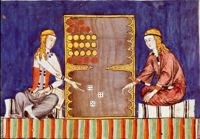 Unge kvinder, der spiller tric trac (tri-trac), stamfader til Backgammon - Miniature fra manuskriptet "Libro de los juegos"" af Alphonse X the Wise or the Savant (på spansk, Alfonso X el Sabio af Unknown artist