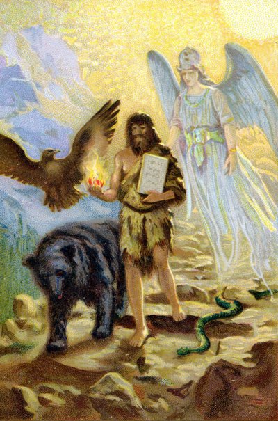 Zarathustra (Zarathustra, Zarathushtra, Zarathustra eller Zoroastra), guidet af ærkeenglen og ledsaget af dyr, der ville holde ham ledsager under hans tilbagetog på bjerget, stiger ned mellem mænd for at bære lovens bord modtaget af Ahura Mazda af Unknown artist