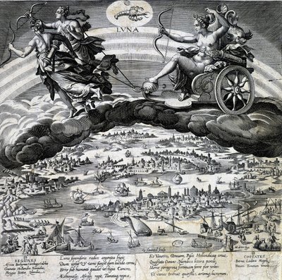 Stjernetegn Kræft. Månen, repræsentation af Semelee tank. Indgravering af det 19. århundrede. af Unknown artist