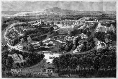 generel udsigt over akklimatiseringens have til Bois de Boulogne tilbudt og indviet af Napoleon III i 1860, der kombinerer natur, frodig flora og eksotiske dyr, i "" l