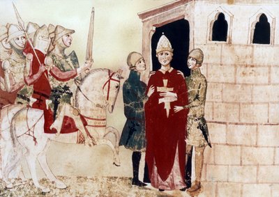 pave Boniface VIII (1294-1303) her fange i Anagni i 1303, illustration fra 1300-tallets manuskript af Unknown artist