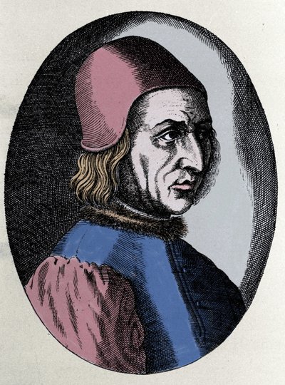 portræt af Angelo Poliziano ((Politiengel) italiensk humanist 1454-1494. i "Effigies of Men and Doctors"" af Filippo Galli af Unknown artist