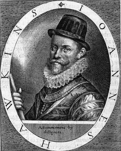portræt af Sir John Hawkins (Hawkyns) engelske admiral (1532-1595), kendt for at være den første til at handle med sort, foretog han adskillige rejser, finansieret af London-købmænd, mellem Afrika og Amerika. Stik fra 1620. af Unknown artist