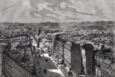 the Great Works of Haussman - Transformationer af Paris under det andet imperium, Paris Haussmannien (Boulevard, Haussmannien-værker) - Le piercing de rue Etienne Marcel- fra rue Turbigo til Place des Victoires - indgravering i "Le journal illustrious"" af af Unknown artist