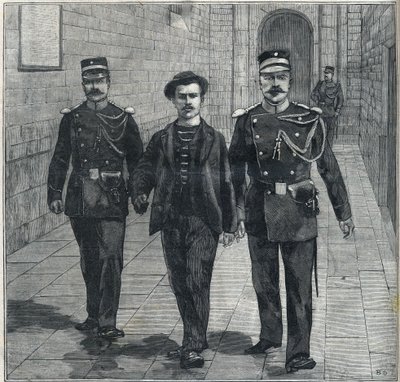 den italienske anarkistiske Luigi Luccheni (Lucheni) morder på imponen Elizabeth af Østrig (Sissi) stillet for Domstolen i 1898. af Unknown artist