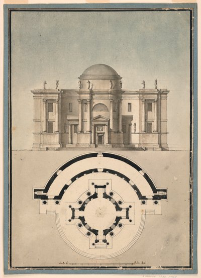 Design til et klassisk tempel med en Tempietto og halvcirkelformet aedicule af Unknown, Italian