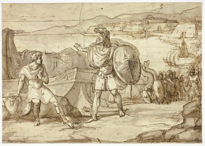 Scene fra Iliaden: Konfrontation mellem to krigere af Unknown Italian