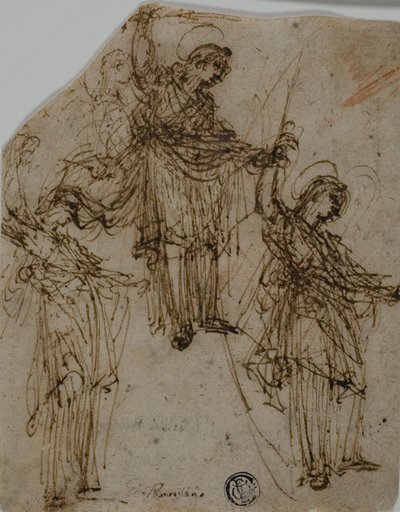 Skitser af en stående helgen med et sværd (recto); Skitser af figurer og hoveder (verso) af Unknown Lombard