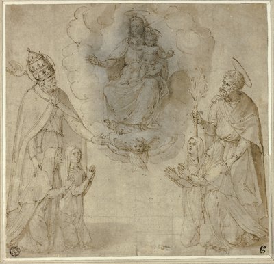 Jomfruen og barnet foran de hellige Fabianus (eller Gregorius den Store) og Josef af Unknown Sienese