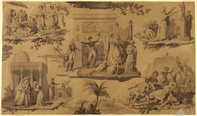 Tegning, tegneserie til trykt bomuldstekstil: Franskmændene i Egypten [Les Francais en Egypte], ca. 1815 af Unknown artistUnknown artist