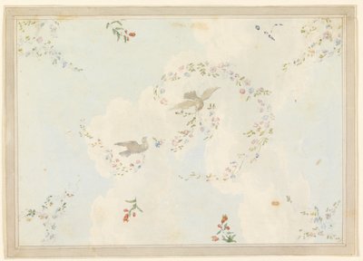 Tegning, loftsdesign med duer og blomsterguirlander, muligvis til indgangshallen, 1815-22 af Unknown artistUnknown artist