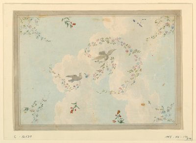 Tegning, loftsdesign med duer og blomsterguirlander, muligvis til indgangshallen, 1815-22 af Unknown artistUnknown artist