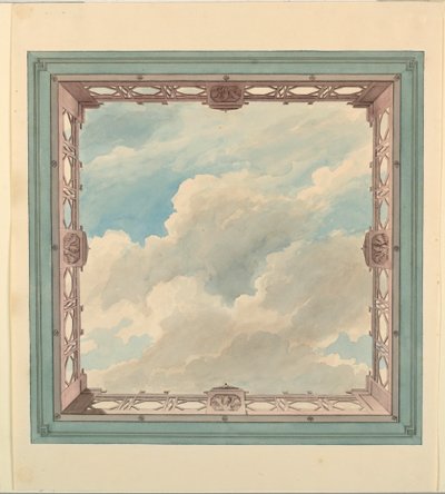 Tegning, loftsdesign med balkon i træværk og åben himmel, muligvis til vinterhave/musikrum eller spisestue, ca. 1820 af Unknown artistUnknown artist