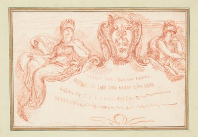 Tegning, loftsdetalje med to siddende figurer og våbenskjold, ca. 1759-70 af Unknown artistUnknown artist