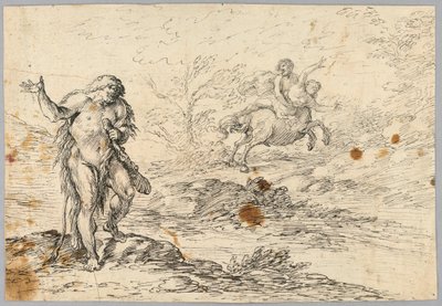Tegning, Kentaur redder jomfru fra køllesvingende væsen, 16.-19. århundrede af Unknown artistUnknown artist