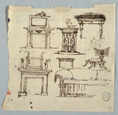 Tegning, skorstensstykker, møbler og loftsmedaljon, 1790-1810 af Unknown artistUnknown artist