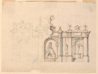 Tegning, Kolonnade med springvand, ca. 1770 af Unknown artistUnknown artist