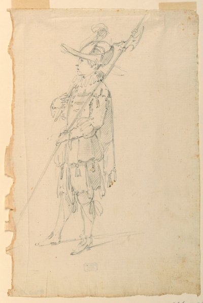 Tegning, kostumedesign: En hellebardist til en ballet, ca. 1720 af Unknown artistUnknown artist