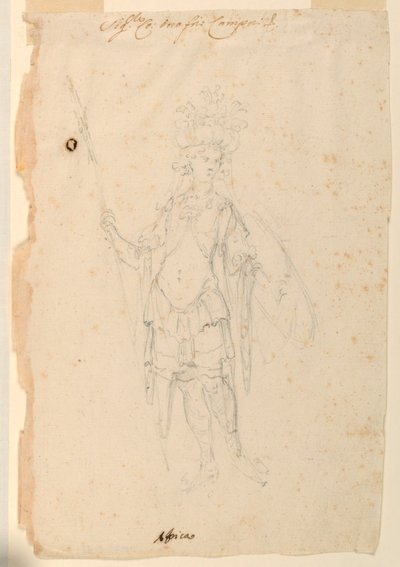 Tegning, kostumedesign: Afrika til en ballet, ca. 1720 af Unknown artistUnknown artist