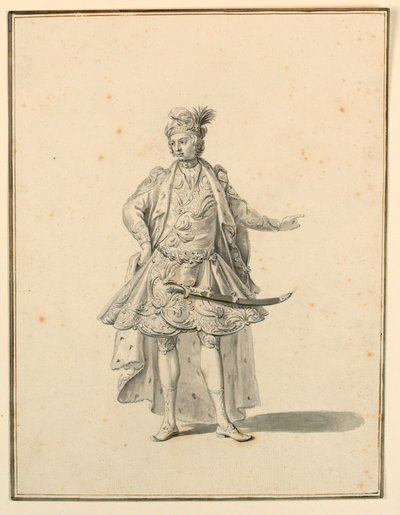 Tegning, kostumedesign: Persisk prins, til en sceneproduktion designet af Giuseppe Galli Bibiena, 1719 af Unknown artistUnknown artist