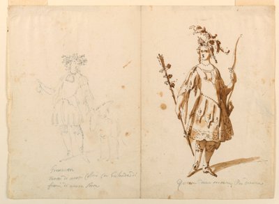 Tegning, kostumedesign: Ungdom og Diana til en ballet, ca. 1720 af Unknown artistUnknown artist