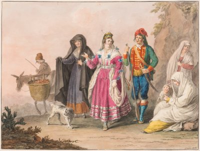 Tegning, Siciliens kostumer, 1828 af Unknown artistUnknown artist