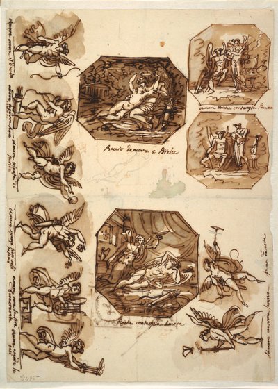 Tegning, Amor og Psyke: Fire oktagoner og otte tegninger af Amor, 1810-15 af Unknown artistUnknown artist