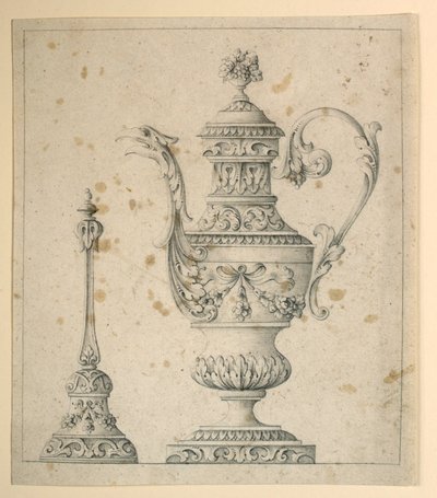 Tegning, Dekoreret kande og håndklokke, 1860-80 af Unknown artistUnknown artist