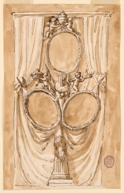 Tegning, Dekoration til portræt af pave Pius VI og kongepar, ca. 1790 af Unknown artistUnknown artist