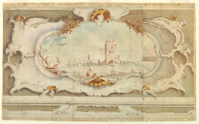 Tegning, dekorativ kartouche med et landskab, ca. 1770 af Unknown artistUnknown artist