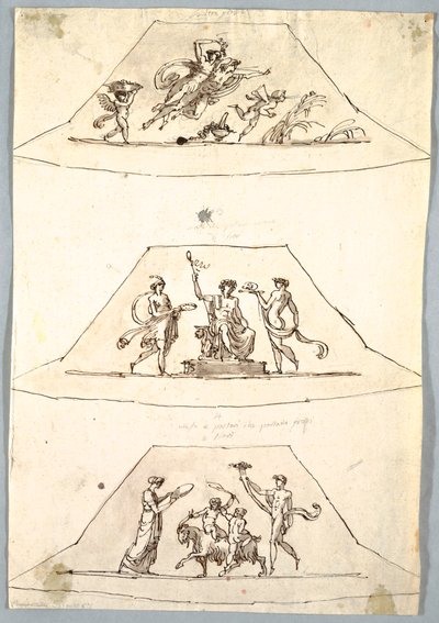 Tegning, dekorativt projekt: Tre trapezoider med Flora og Zefiro, ca. 1815 af Unknown artistUnknown artist