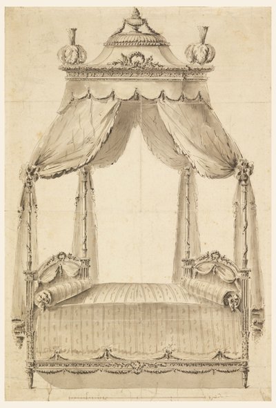 Tegning, design til en seng, ca. 1785 af Unknown artistUnknown artist