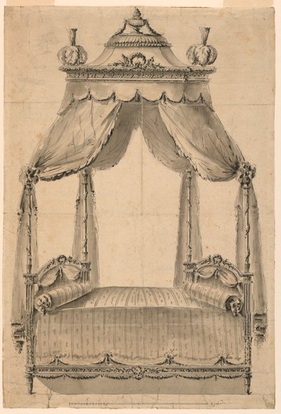 Tegning, design til en seng, ca. 1785 af Unknown artistUnknown artist