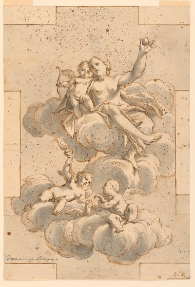 Tegning, udkast til et loftsmaleri, Venus, Amor og Putti, 1700-29 af Unknown artistUnknown artist