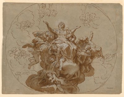 Tegning, udkast til et loft med Jomfru Marias himmelfart, 1700-1730 af Unknown artistUnknown artist