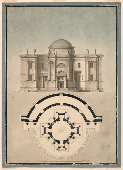 Tegning, Design til et klassisk tempel med tempietto og halvcirkelformet aedicule, ca. 1780 af Unknown artistUnknown artist