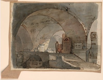 Tegning, scenografi, underjordisk hvælvet rum med grave, begyndelsen af det 19. århundrede af Unknown artistUnknown artist